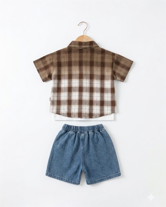 Casual Plaid Shirt with white t-shirt & Denim Shorts Set – Summer Outfit