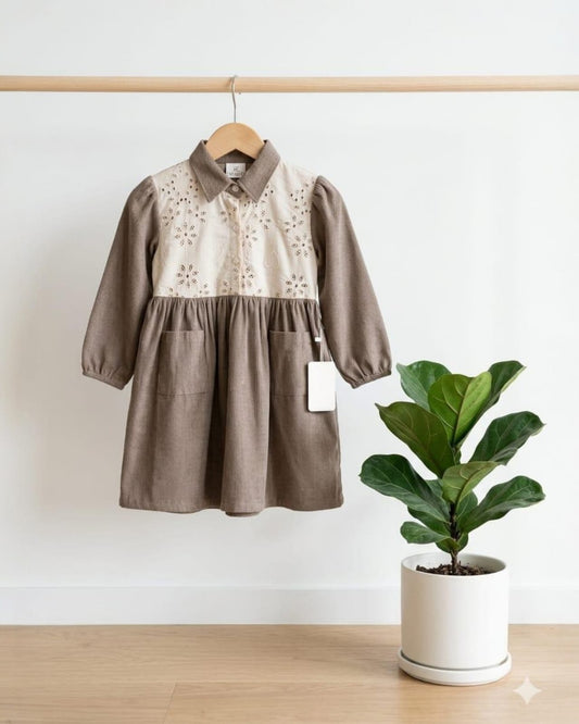 Brown & Cream Corduroy Long Sleeves Frock