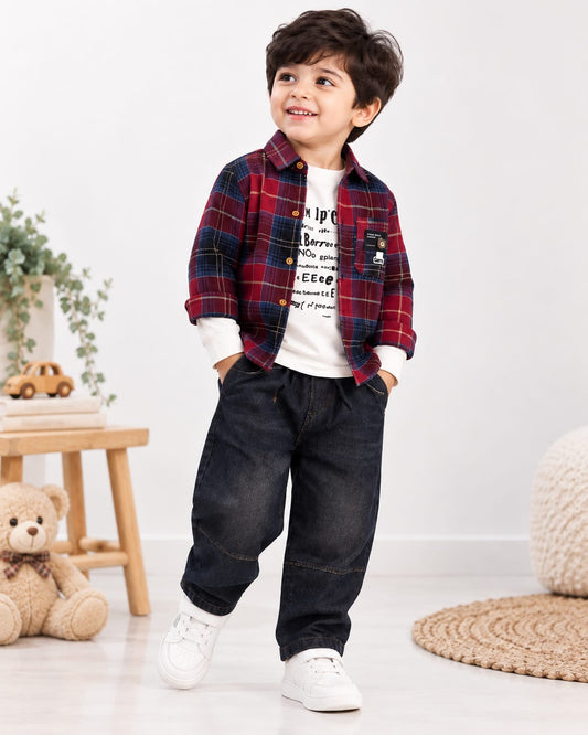 Boys Red Tartan Plaid Shirt Jacket with Graphic Tee & Denim Jeans – 3-Piece Casual Outfit Set