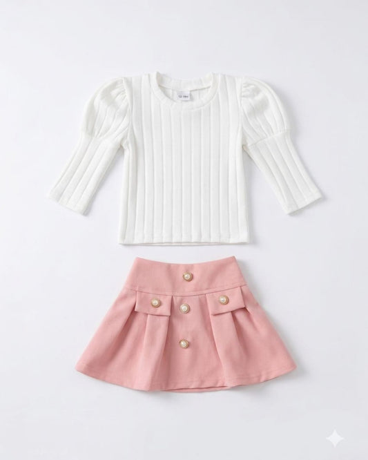 White & Blush Pink Skirt Cord Set