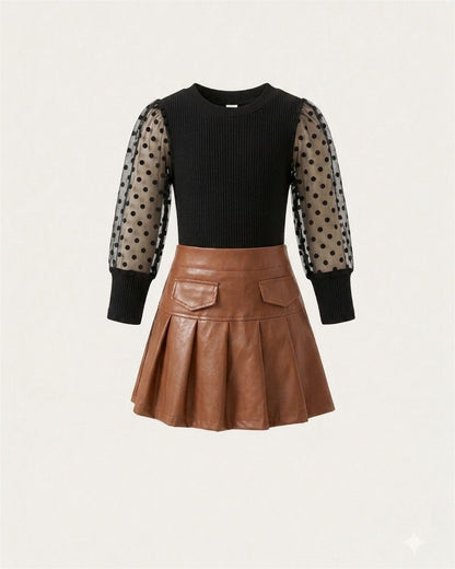 Chic Polka Dot Sleeve Top & Faux Leather Skirt Set