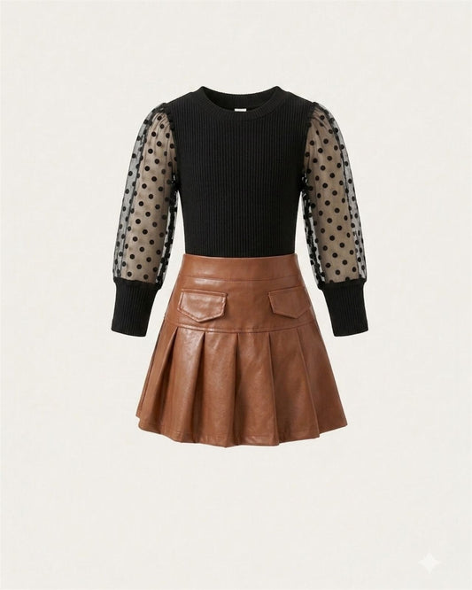 Chic Polka Dot Sleeve Top & Faux Leather Skirt Set