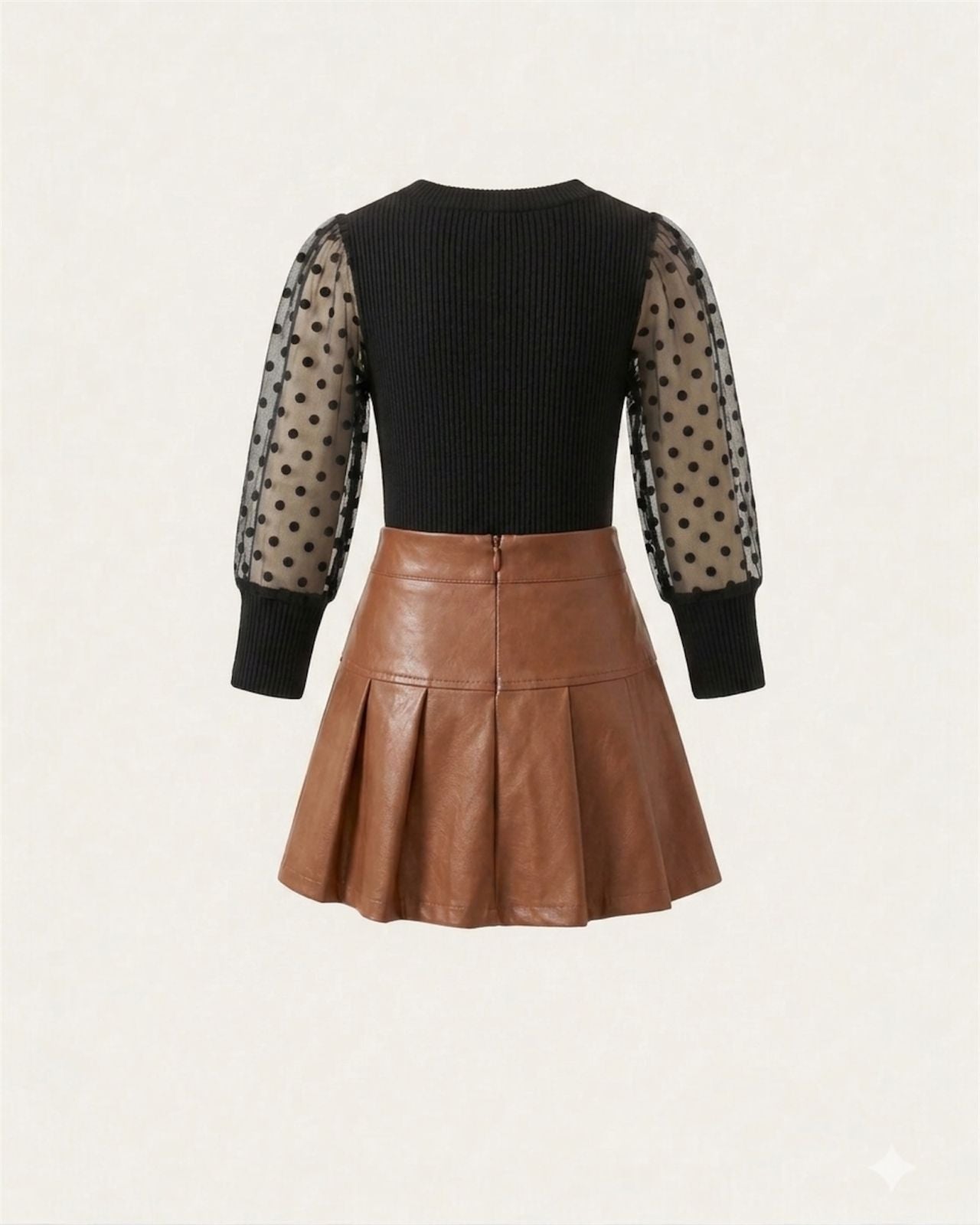 Chic Polka Dot Sleeve Top & Faux Leather Skirt Set