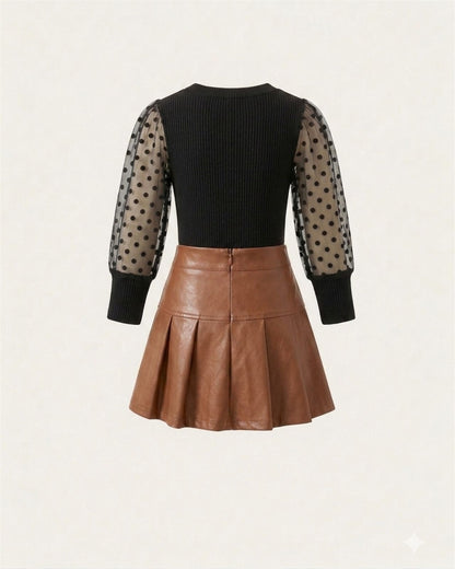 Chic Polka Dot Sleeve Top & Faux Leather Skirt Set