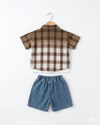 Casual Plaid Shirt with white t-shirt & Denim Shorts Set – Summer Outfit
