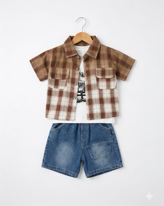 Casual Plaid Shirt with white t-shirt & Denim Shorts Set – Summer Outfit