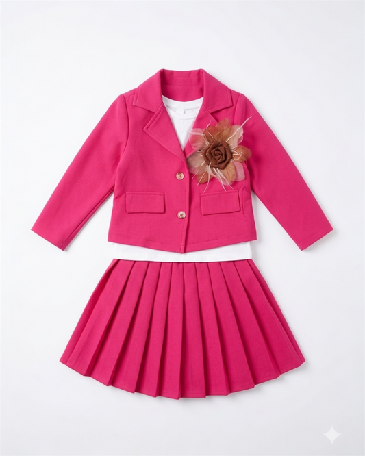 Hot pink Blazer Set with Inner Top & Matching Skirt