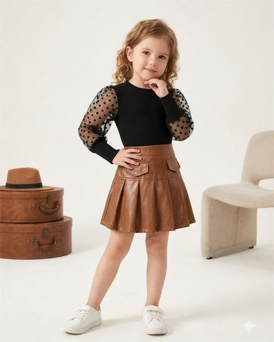 Chic Polka Dot Sleeve Top & Faux Leather Skirt Set