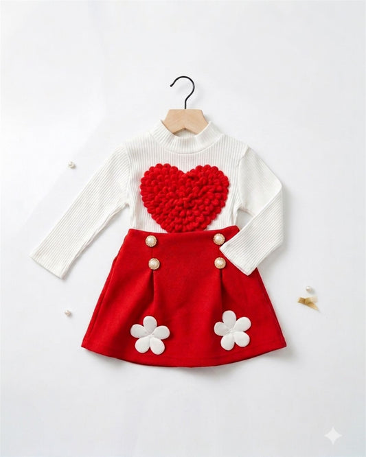 Red heart Knit Top & Floral Skirt Set for Girls