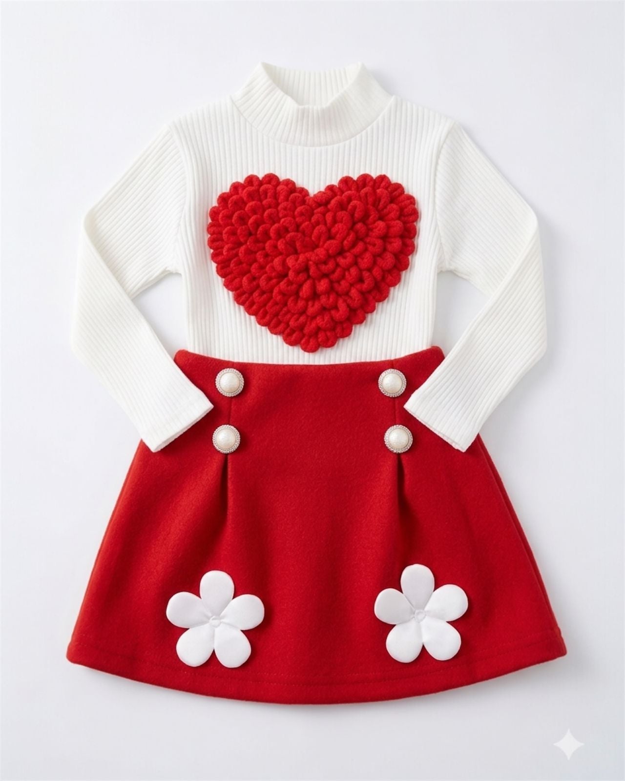 Red heart Knit Top & Floral Skirt Set for Girls