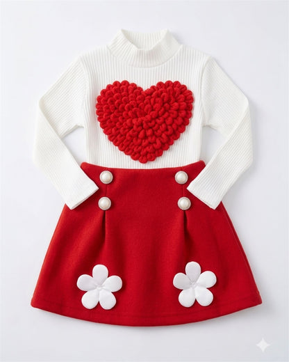 Red heart Knit Top & Floral Skirt Set for Girls