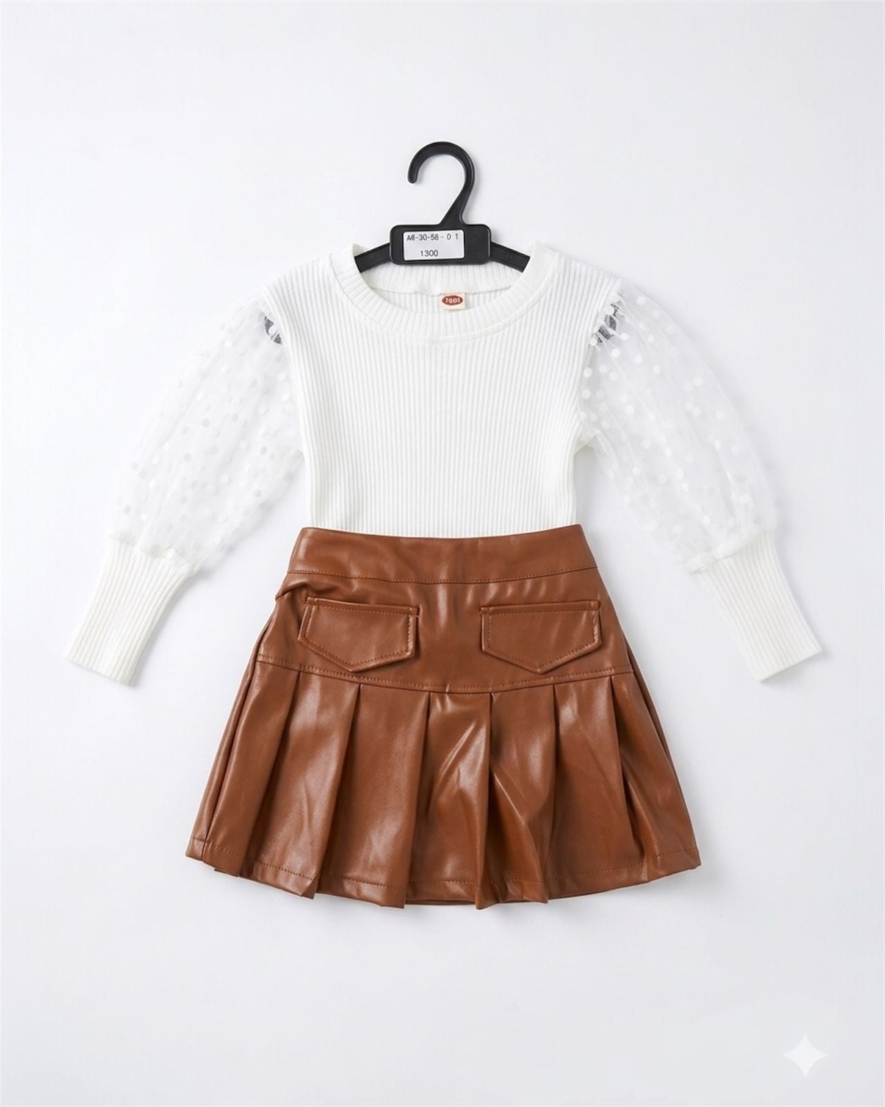 Chic Polka Dot Sleeve White Top & Faux Leather Skirt Set