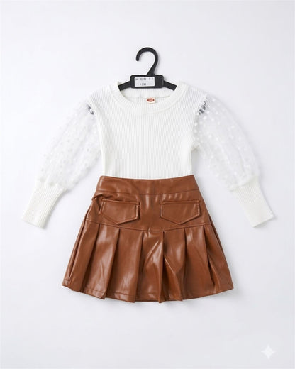 Chic Polka Dot Sleeve White Top & Faux Leather Skirt Set