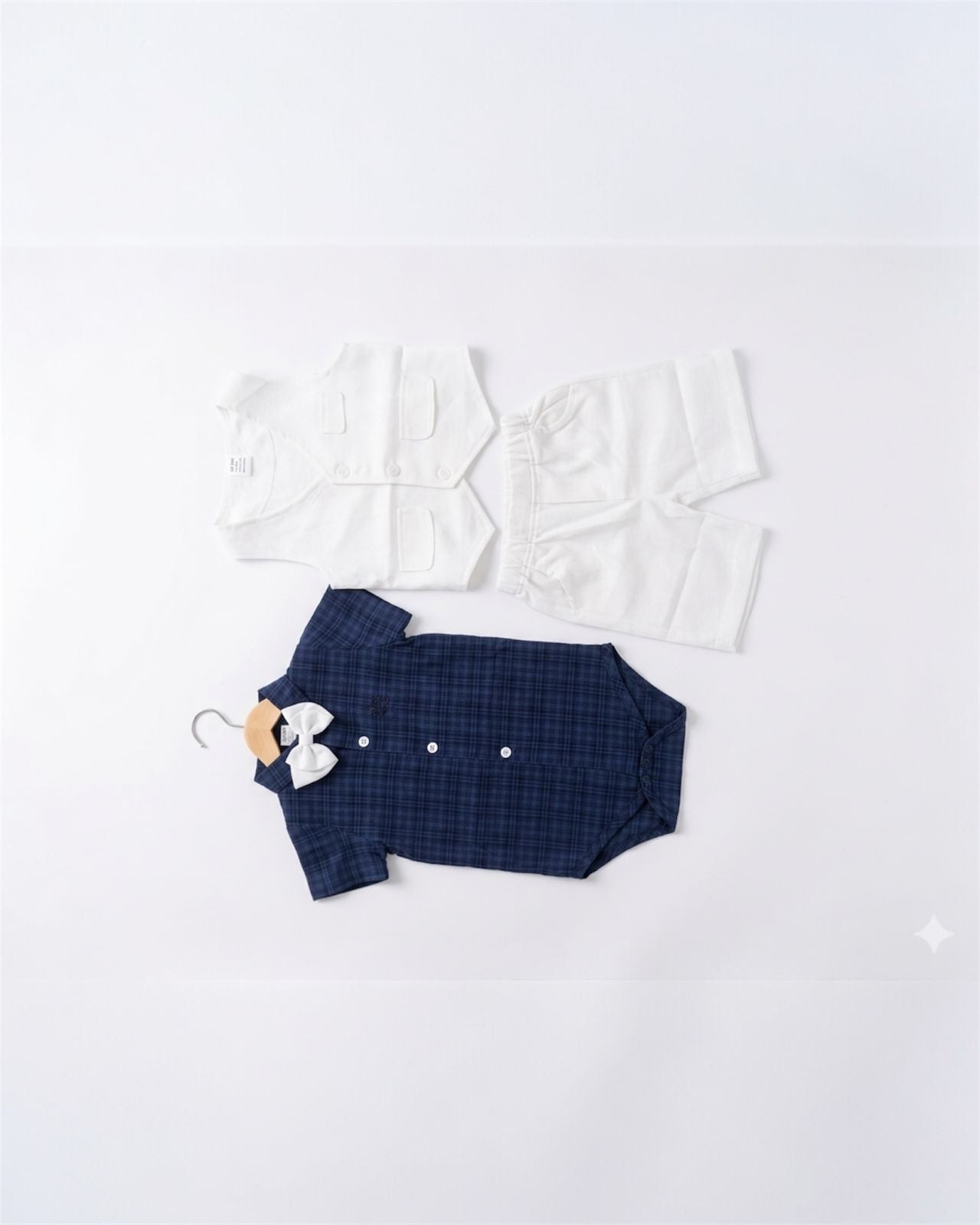 Navy Blue Romper shirt formal white vest and shorts suit set