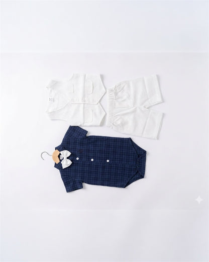 Navy Blue Romper shirt formal white vest and shorts suit set