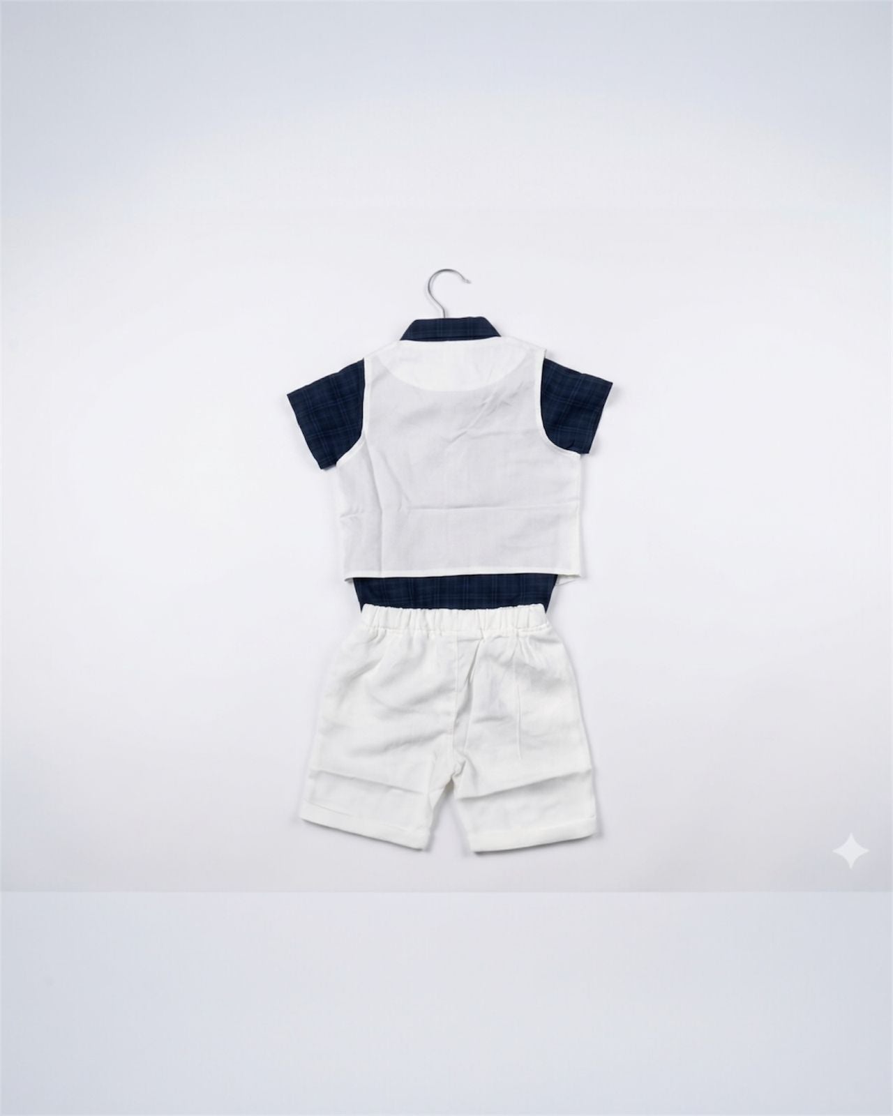 Navy Blue Romper shirt formal white vest and shorts suit set