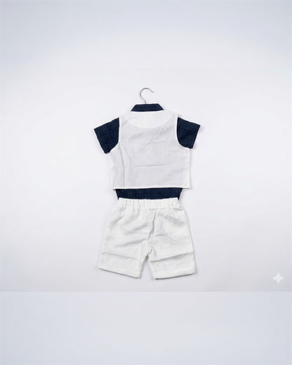 Navy Blue Romper shirt formal white vest and shorts suit set