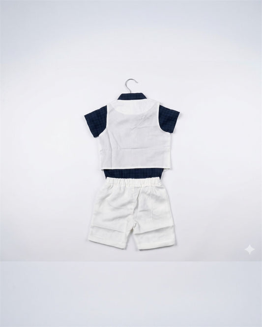 Navy Blue Romper shirt formal white vest and shorts suit set