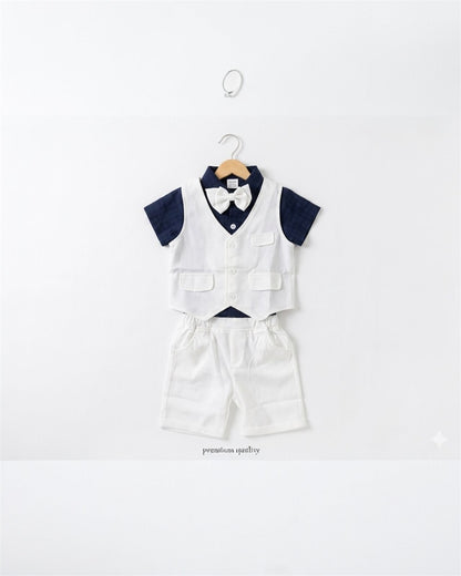 Navy Blue Romper shirt formal white vest and shorts suit set