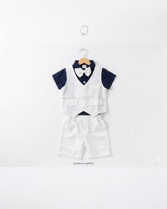 Navy Blue Romper shirt formal white vest and shorts suit set