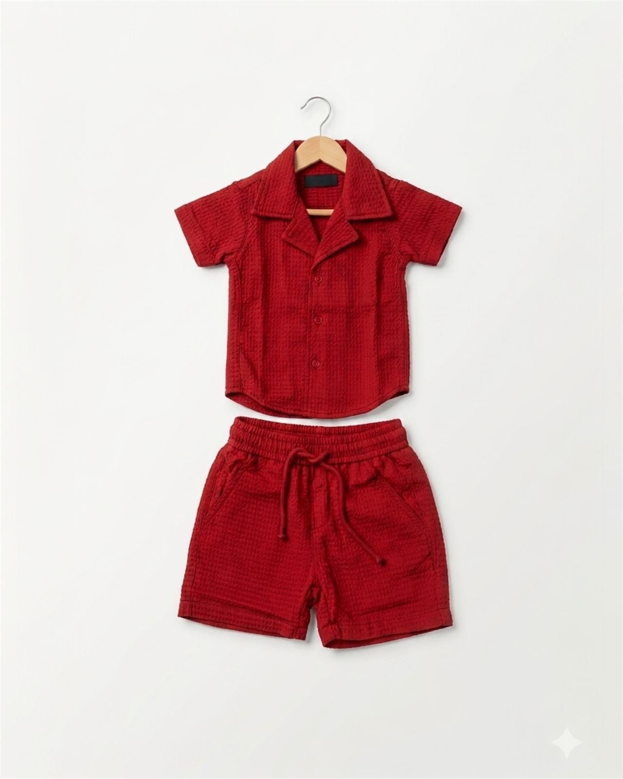 Red Textured Cuban shirt & shorts set