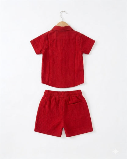 Red Textured Cuban shirt & shorts set