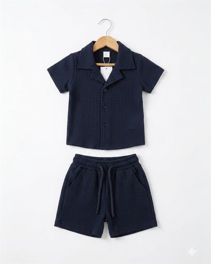 Navy Blue Textured Cuban shirt & shorts set