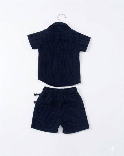 Navy Blue Textured Cuban shirt & shorts set