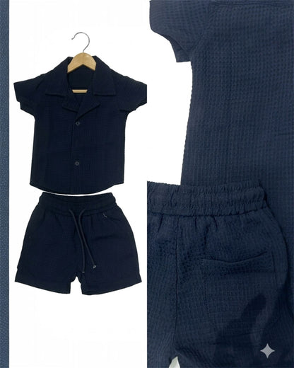 Navy Blue Textured Cuban shirt & shorts set