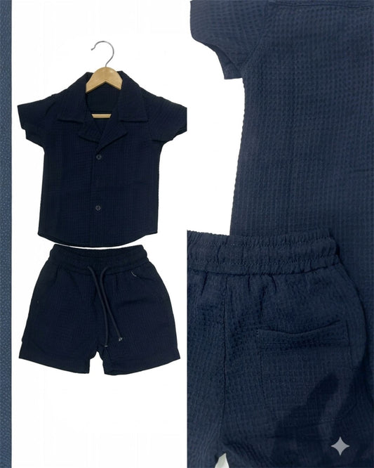 Navy Blue Textured Cuban shirt & shorts set