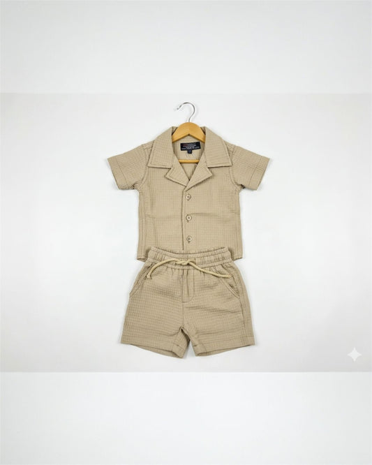 Beige Textured Cuban shirt & shorts set