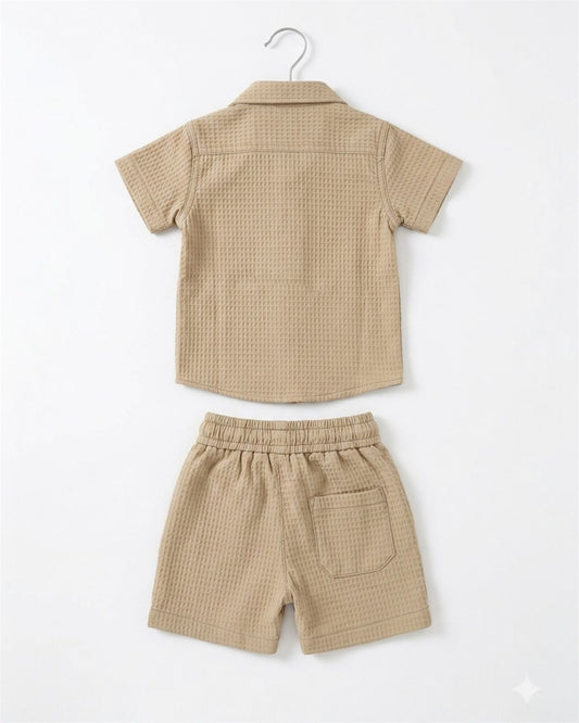 Beige Textured Cuban shirt & shorts set