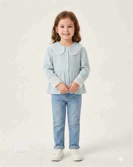 Stripe Peter pan collar Top with Lace Cuffs