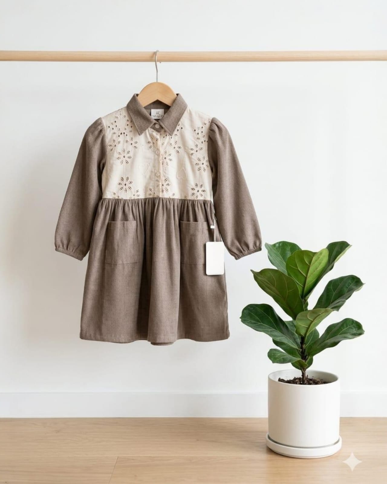 Brown & Cream Corduroy Long Sleeves Frock