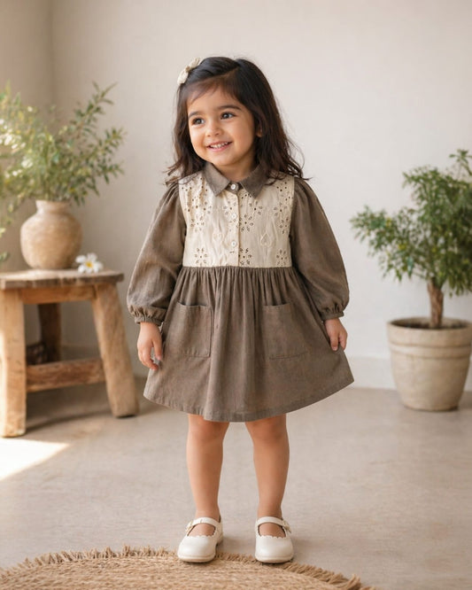 Brown & Cream Corduroy Long Sleeves Frock