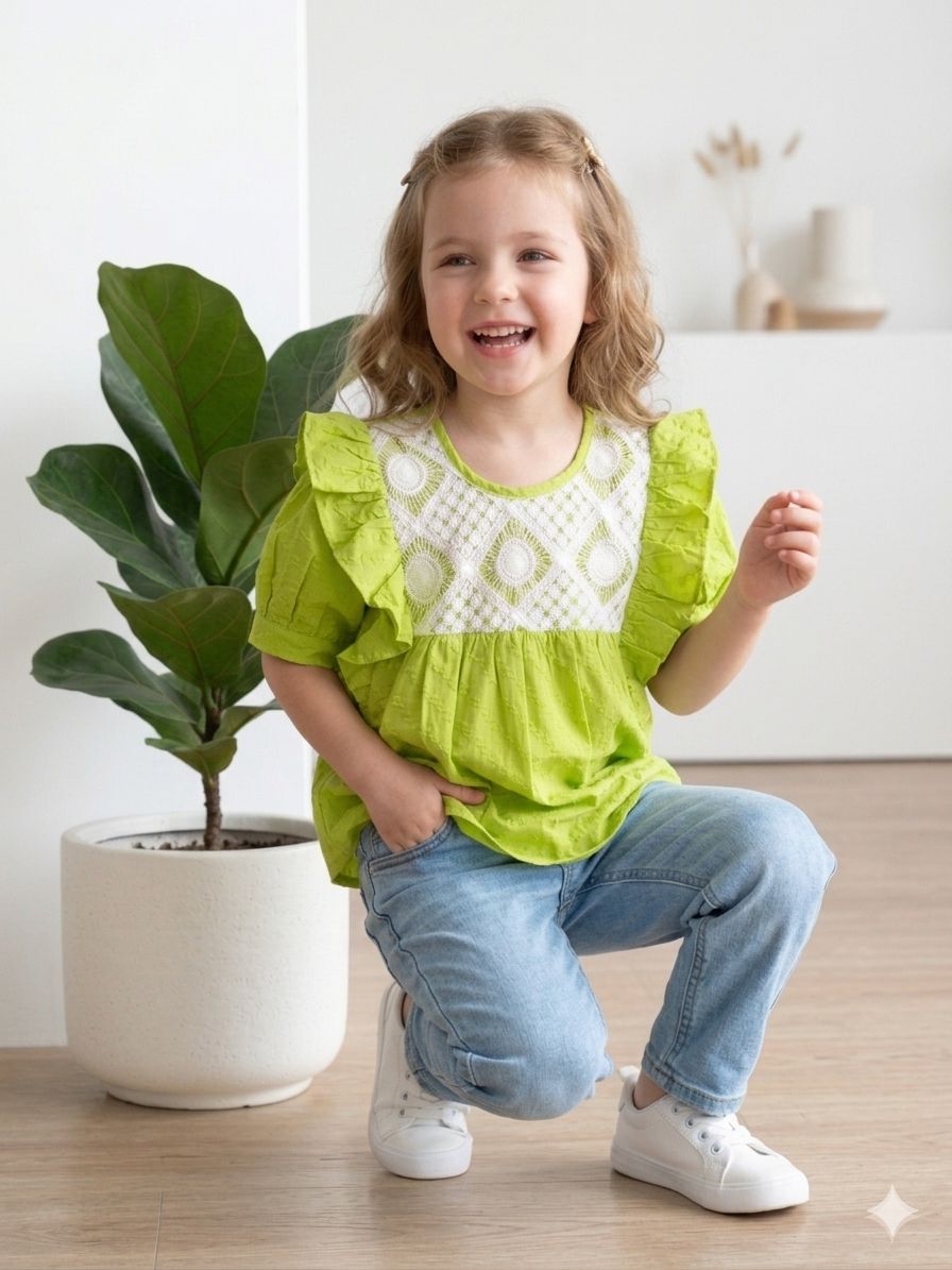Lime Green Lace Detail Top for Girls