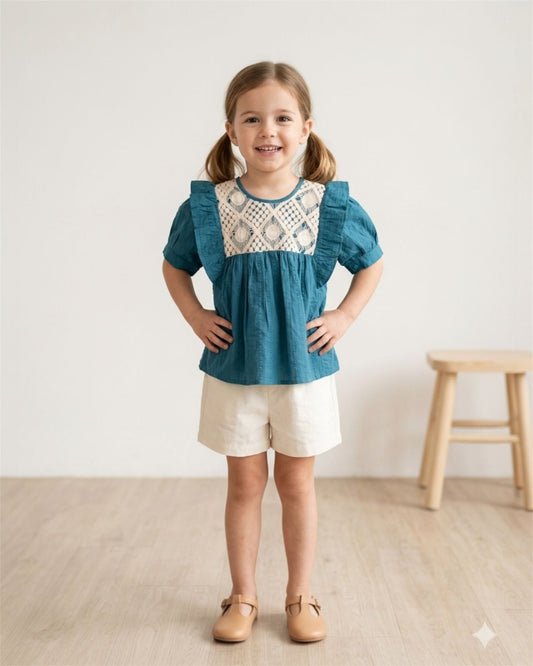 Teal Lace Detail Girls Top