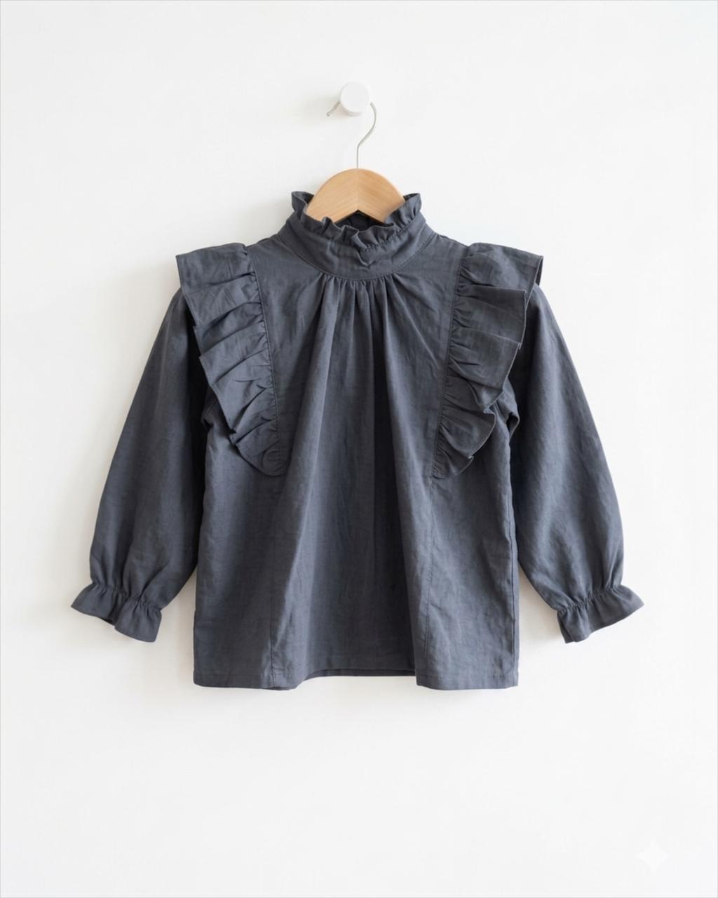 Charcoal Gray Ruffle Neck Top for Girls