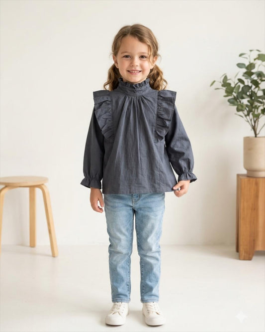Charcoal Gray Ruffle Neck Top for Girls