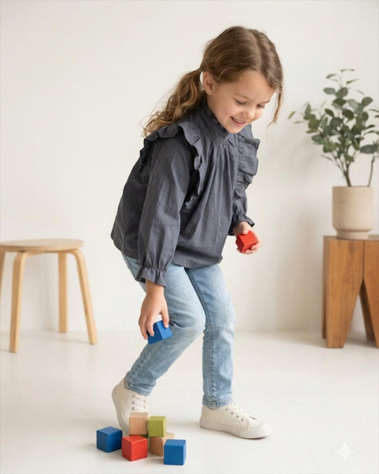 Charcoal Gray Ruffle Neck Top for Girls