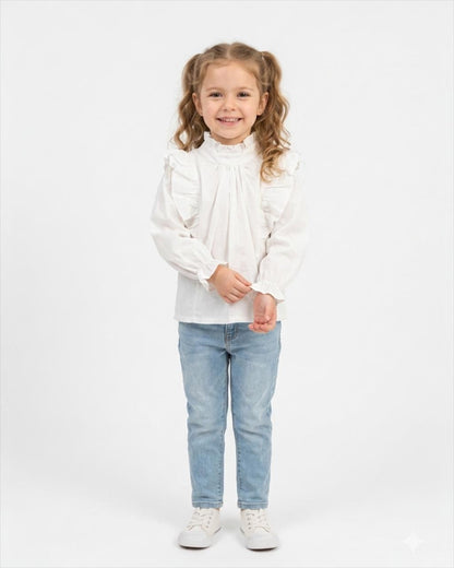 White Ruffle Neck Top for Girls