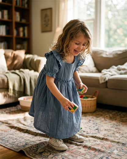 Dusty Blue Ruffle Sleeve Dress