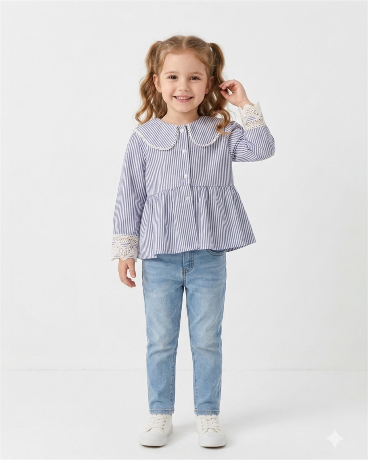 Elegant Striped Lace Collar Top for Girls