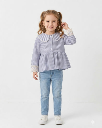 Elegant Striped Lace Collar Top for Girls