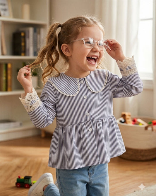 Elegant Striped Lace Collar Top for Girls
