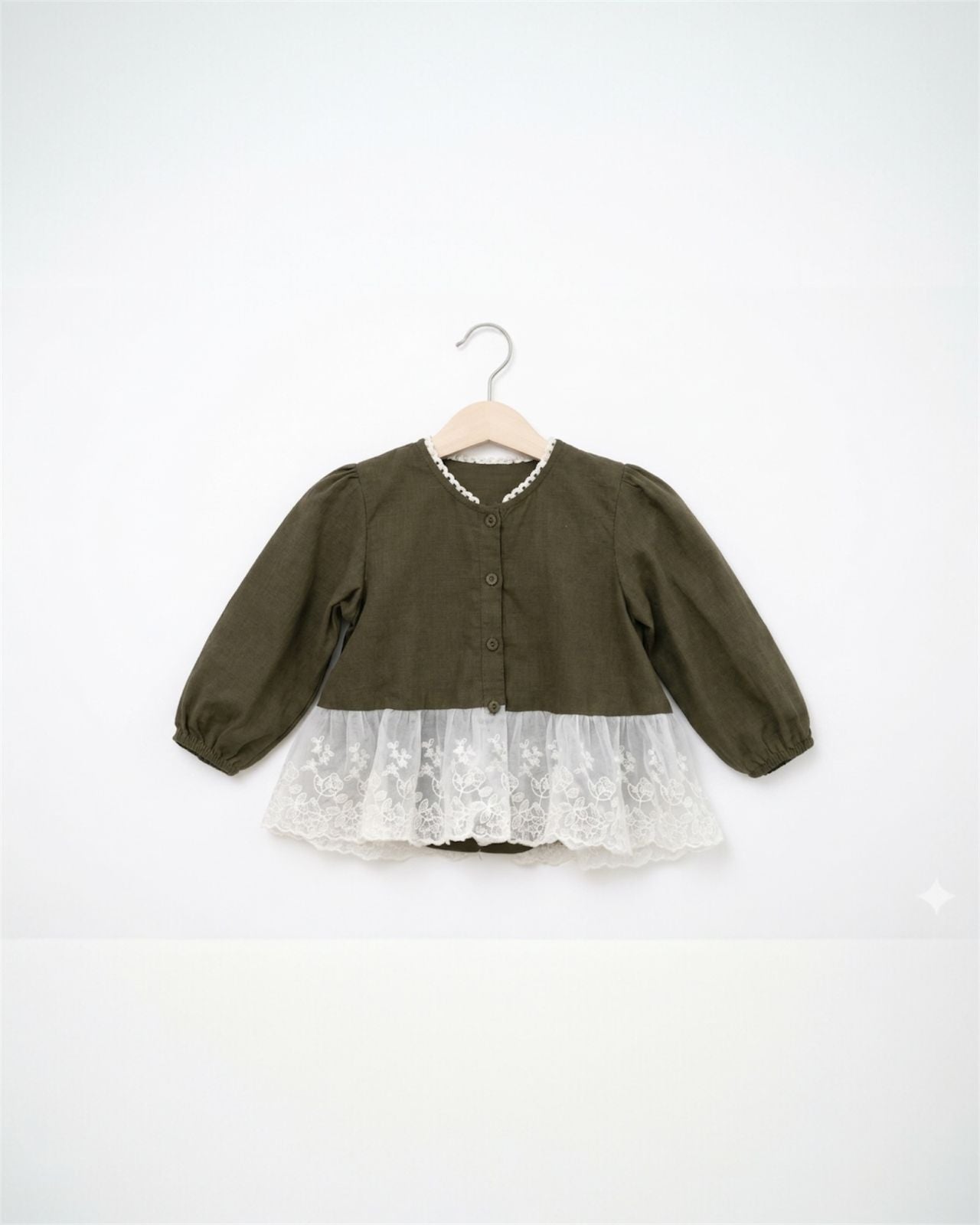 Vintage Olive Lace-Hem Top for Girls