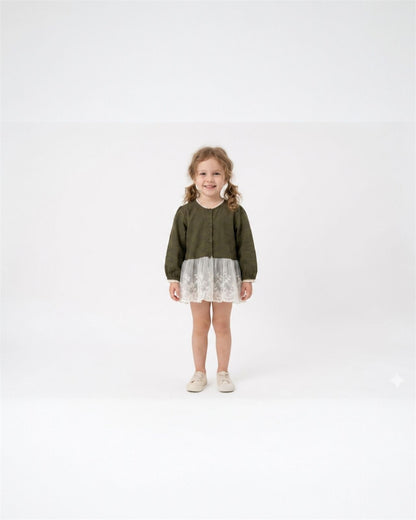 Vintage Olive Lace-Hem Top for Girls