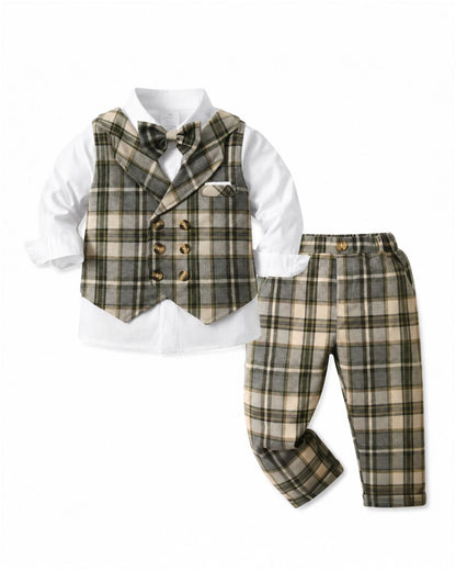 Classic Plaid Attached Vest Suit Set for Boys