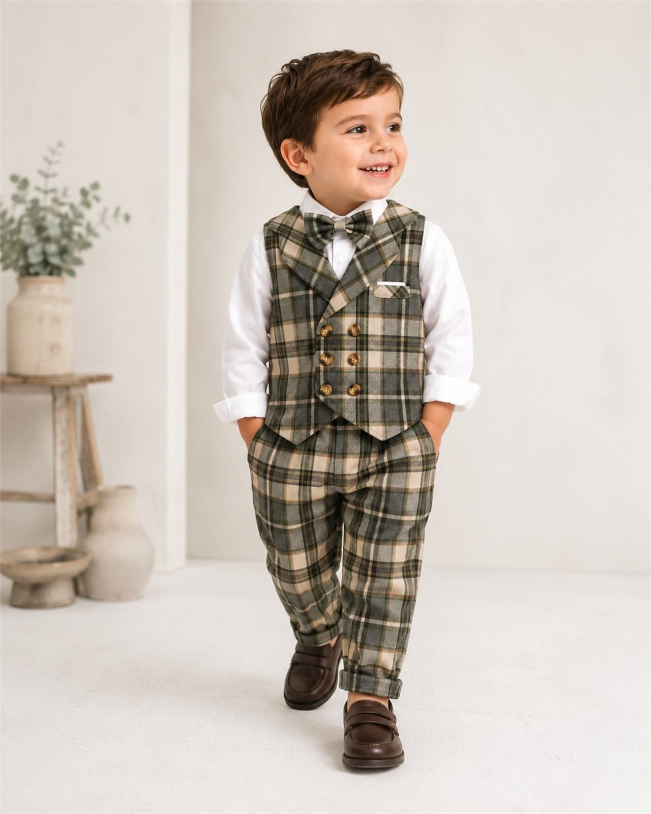 Classic Plaid Attached Vest Suit Set for Boys