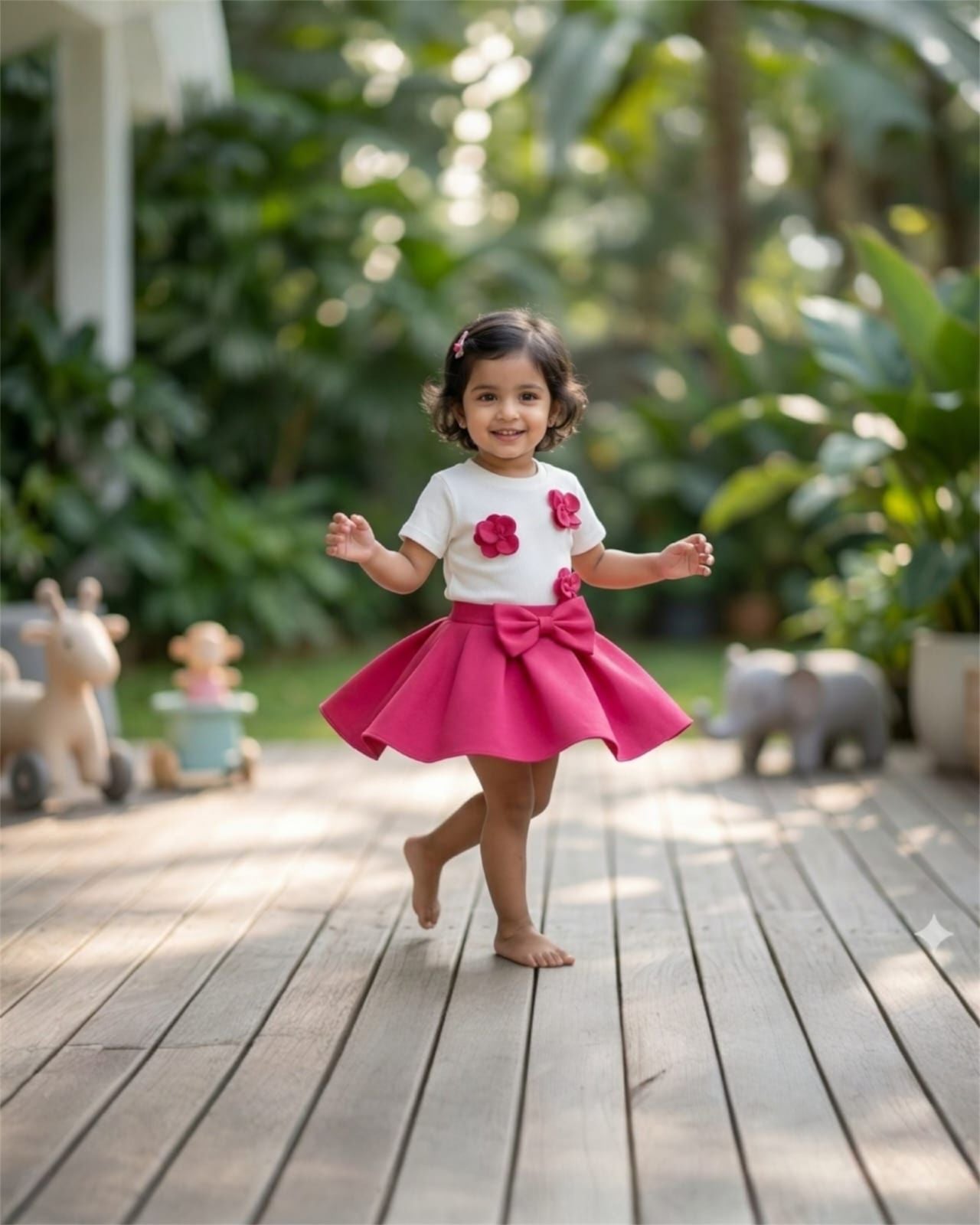 Girls Pink Bow & Floral top & skirt set